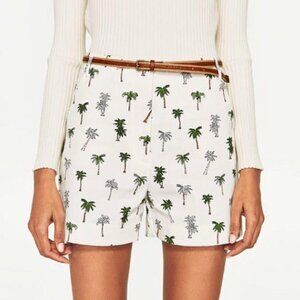 Zara Palm Tree Shorts Belted Stretch Tropical High Waist White Green Tan XS